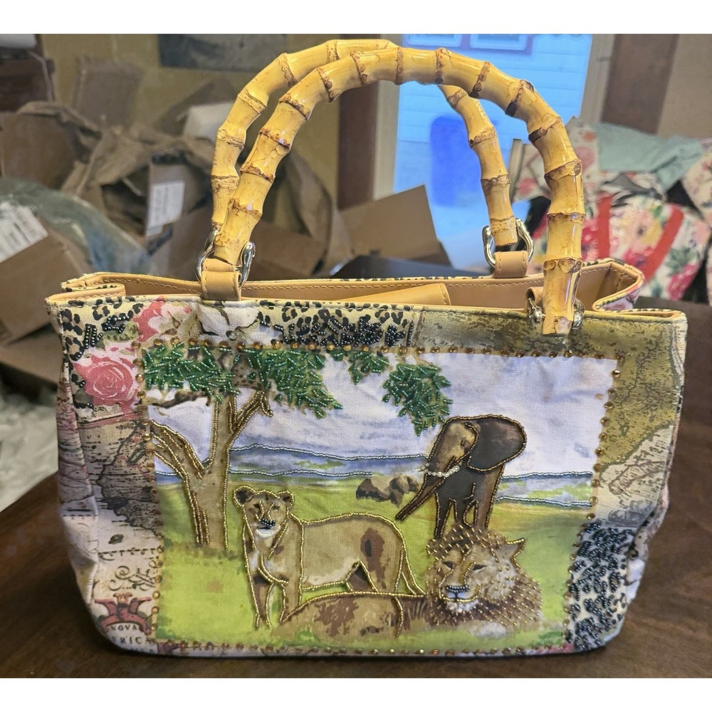 Bueno Portable Wearable Art Safari Canvas Handbag Purse And Beaded New